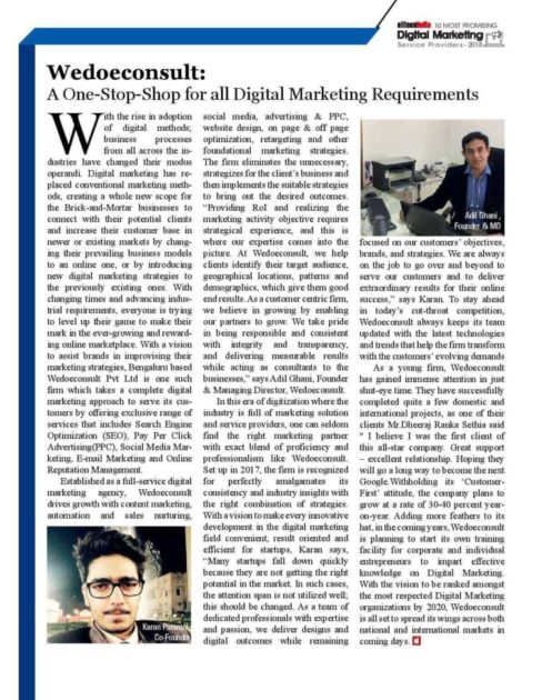 Wedoeconsult has been shortlisted in the list of ’20 Most Promising Digital Marketing Companies in India(2018)’ by Silicon India Magazine.